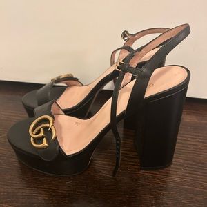 GUCCI Lifford GG Marmont Black Leather Platform Sandal Block Heels Size 37.5